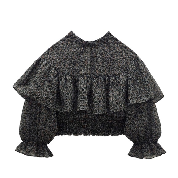 New! ZARA Metallic Thread Ruffles Smock Cropped Printed Blouse Top - Picture 5 of 16